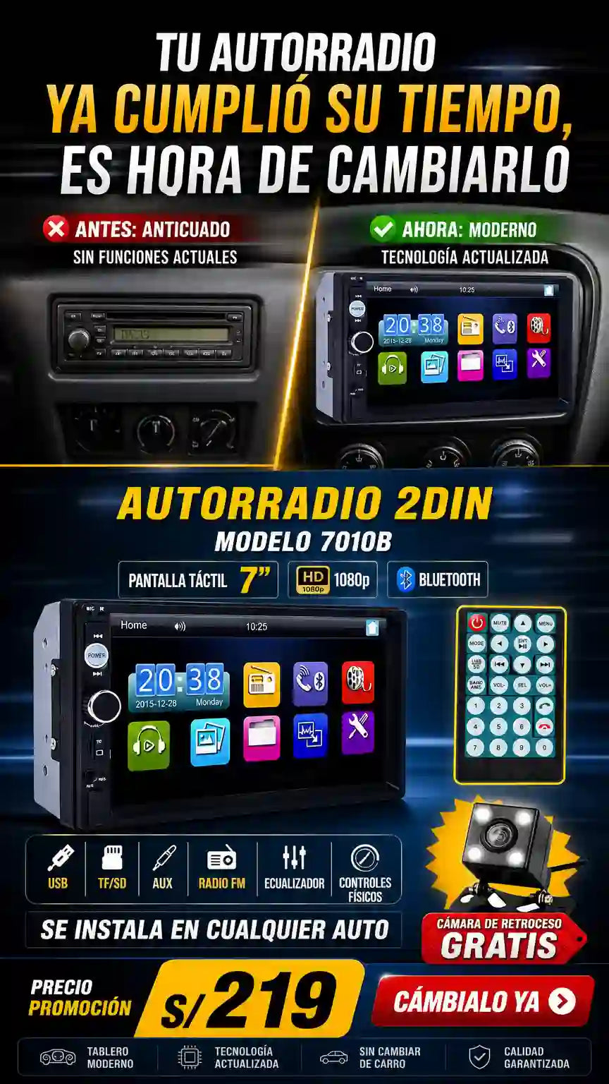 AUTORRADIO TÁCTIL 7" HD + CÁMARA DE RETROCESO GRATIS (BLUETOOTH / USB)