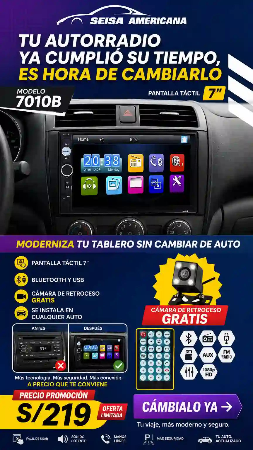 AUTORRADIO TÁCTIL 7" HD BLUETOOTH + CÁMARA DE RETROCESO