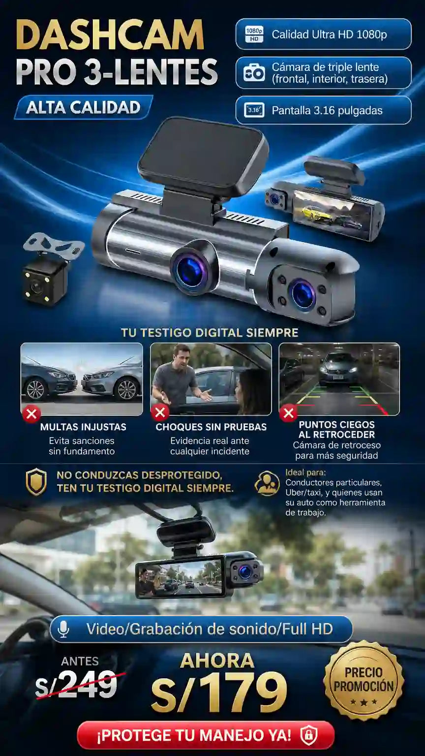 CÁMARA 3 EN 1 FULL HD PARA VEHÍCULOS